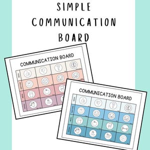 May include: Two communication boards with a grid layout, featuring icons representing needs, emotions, and social interactions. The boards have a white background with a light blue border. The text "SIMPLE COMMUNICATION BOARD" is at the top.