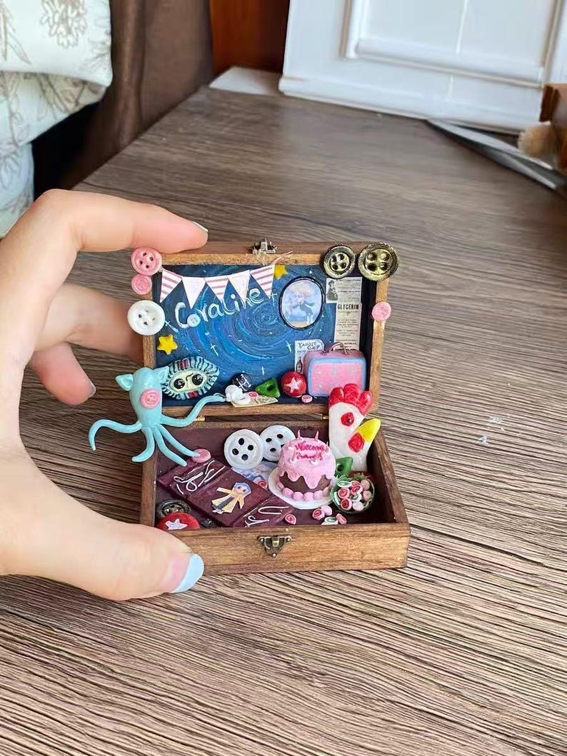Coraline Jones Miniature Box | Button Eyes Dollhouse Diorama | Beldam Miniature Art | Handmade Gothic Halloween Gift for her, kids image 4