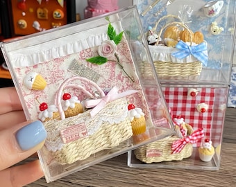 Miniature Picnic Basket | Handmade Tiny Dollhouse Accessory | Filled with Clay Food | Mini Picnic Scene | Gift for her, kids, doll collector