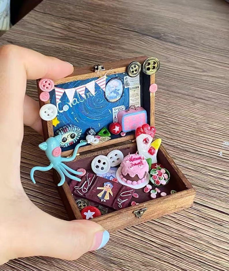 Coraline Jones Miniature Box | Button Eyes Dollhouse Diorama | Beldam Miniature Art | Handmade Gothic Halloween Gift for her, kids image 2