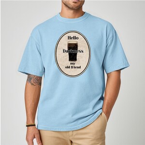 Hello Darkness My Old Friend Guinness Pint T-shirt, Stout Beer Humor, Simon & Garfunkel lyric, Comfort Colors tee. Chambray