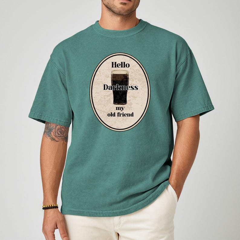 Hello Darkness My Old Friend Guinness Pint T-shirt, Stout Beer Humor, Simon & Garfunkel lyric, Comfort Colors tee. Light Green