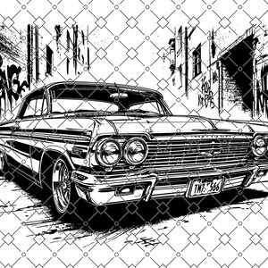 Könnte beinhalten: Eine schwarz-weiße Strichzeichnung eines Oldtimers, der auf einer Straße mit Graffiti an den Wänden geparkt ist. Das Fahrzeug verfügt über Doppelscheinwerfer, einen horizontalen Kühlergrill und ein Nummernschild mit der Aufschrift TMT 566.