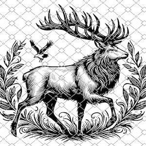 Puede incluir: Ilustración en blanco y negro de un majestuoso alce con grandes cuernos, rodeado por una corona de laurel y follaje. Un pájaro vuela sobre el alce. El fondo presenta un patrón geométrico.