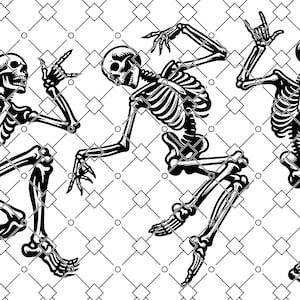 Peut inclure: Illustration en noir et blanc de trois squelettes dansant. Les squelettes sont représentés dans des poses dynamiques. Le fond est orné d'un motif géométrique répétitif en forme de losanges.