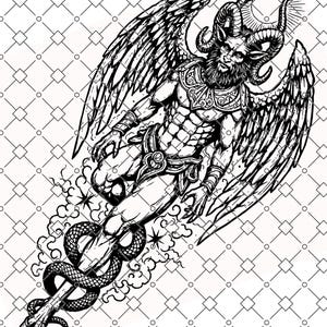 May include: Black and white illustration of a winged, horned figure with a beard, halo, and muscular physique. The figure is holding a staff entwined with a snake. The background features a geometric pattern.