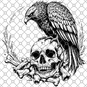 May include: Black and white illustration of an eagle perched atop a human skull, with bones at the base. The eagle is detailed with textured feathers and a sharp beak. The background has a diamond pattern.