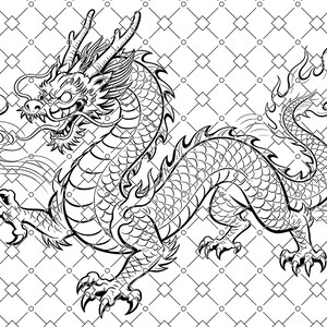 Puede incluir: Ilustración detallada en blanco y negro de un dragón chino. El dragón está representado con escamas intrincadas, garras afiladas y una melena fluida, sobre un fondo con patrones geométricos.