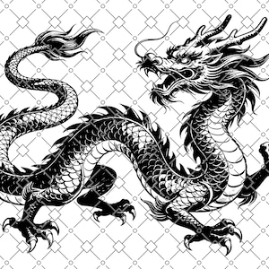 Puede incluir: Ilustración en blanco y negro de un dragón chino con escamas intrincadas, garras y una cabeza detallada. El dragón está representado en una pose dinámica sobre un fondo de patrón geométrico. Ideal para impresiones artísticas y ropa.