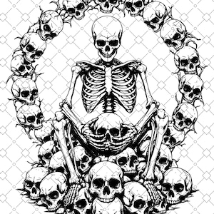 May include: Black and white illustration of a skeleton seated atop a pile of skulls, surrounded by a ring of skulls. The detailed artwork features a cross-hatch pattern in the background, creating a gothic or macabre theme.