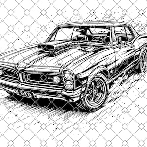 May include: A black and white graphic illustration of a classic Pontiac GTO muscle car. The vehicle features a prominent hood scoop, dual headlights, and a front license plate displaying the text GTO. The design includes motion lines.