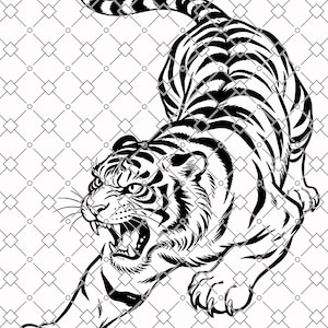 May include: Black and white illustration of a tiger in a dynamic pose, with its mouth open in a roar. The tiger's stripes are clearly defined, and the background features a geometric pattern.