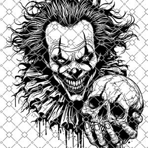 May include: A black and white graphic illustration of a clown with wild hair, a ruffled collar, and sharp teeth, holding a human skull in one hand. The design features a repeating diamond grid pattern overlaying the entire image.