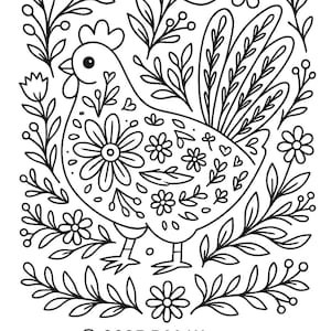 Peut inclure: Illustration en noir et blanc d'une poule ornée de motifs floraux, entourée de feuilles et de fleurs. L'image comprend le texte "© 2025 P.M. Weaver".