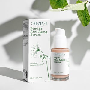 May include: A white box and a serum bottle of SRIVI Peptide Anti-Aging Serum. The box and bottle have the same design, with the product name and a floral illustration. The bottle contains 30 ml / 1.01 fl oz of serum.