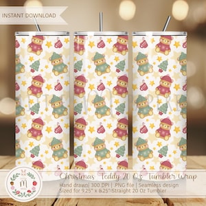 May include: A set of three 20 oz tumblers with a repeating Christmas-themed pattern. The pattern features teddy bears wearing hats and sweaters, Christmas trees, stars, and stockings on a white background. The tumblers have a silver straw.