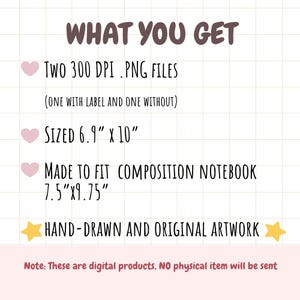 K&ouml;nnte beinhalten: Ein Bild eines digitalen Produkts mit dem Text "WHAT YOU GET". Es listet zwei 300 DPI .PNG-Dateien auf, die 17,5 cm x 25,4 cm gro&szlig; sind und f&uuml;r ein Notizbuch von 19,05 cm x 24,77 cm geeignet sind. Der Text besagt auch, dass die Kunst handgezeichnet ist.