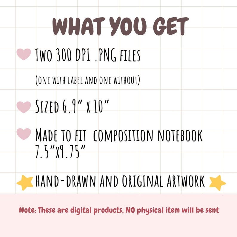 K&ouml;nnte beinhalten: Ein Bild eines digitalen Produkts mit dem Text "WHAT YOU GET". Es listet zwei 300 DPI .PNG-Dateien auf, die 17,5 cm x 25,4 cm gro&szlig; sind und f&uuml;r ein Notizbuch von 19,05 cm x 24,77 cm geeignet sind. Der Text besagt auch, dass die Kunst handgezeichnet ist.