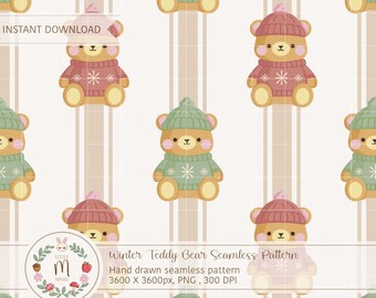 May include: A repeating pattern of cartoon teddy bears in winter attire. The bears wear hats and sweaters in green and pink, with snowflake designs. The background has vertical stripes. Text reads "Winter Teddy Bear Seamless Pattern" and "Instant Download".