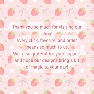 K&ouml;nnte beinhalten: Ein rosa Hintergrund mit Erdbeeren, Schleifen und Blumenmustern. Der Text in der Mitte lautet: "Vielen Dank f&uuml;r Ihren Besuch in unserem Shop! Jeder Klick, Favorit und jede Bestellung bedeutet uns so viel. Wir sind dankbar f&uuml;r Ihre Unterst&uuml;tzung."