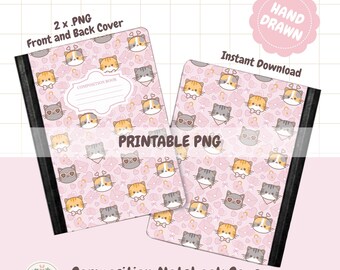 Valentine Katze Zusammensetzung Notebook Cover Printable PNG 6,9 ”x 10” Süße Rosa Herz Journal Vorder- und Rückseite Hand gezeichnet Sofort Download