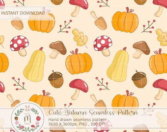 Cozy Autumn Fall Mushroom Pumpkin Seamless Pattern 300DPI PNG Cottagecore Digital Papers Vinyl Fabric Surface (Digital Download