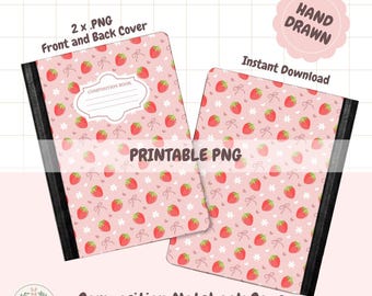 Niedliche Erdbeere Kokette Bogen Zusammensetzung Notebook Cover Druckbare Buchhülle PNG | 17cm x 25cm Sticker Cover Digitaler Download Schulmaterial