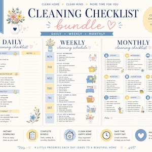 Può includere: Un pacchetto di liste di controllo per le pulizie con tre fogli stampabili per attività giornaliere, settimanali e mensili. Il design presenta accenti blu e gialli, illustrazioni floreali e icone per le faccende domestiche. Testo: Cleaning Checklist Bundle.