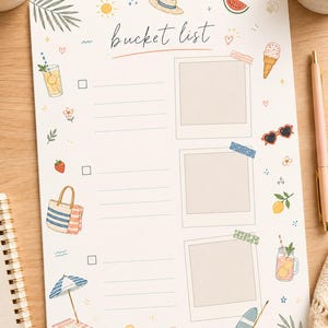 May include: A cream-colored bucket list notepad with summer-themed illustrations. The notepad features the words "bucket list" in cursive, with blank spaces for entries and photo frames. Decorated with drawings of a sun, ice cream, and beach accessories.