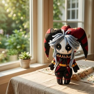May include: A handmade plush doll dressed as a jester, featuring a red and black color scheme. The doll has a white face with black button eyes, gray hair, and a red and black hat with gold stars. It is wearing a red and black outfit with gold accents.