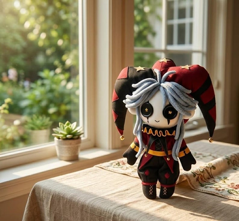 May include: A handmade plush doll dressed as a jester, featuring a red and black color scheme. The doll has a white face with black button eyes, gray hair, and a red and black hat with gold stars. It is wearing a red and black outfit with gold accents.