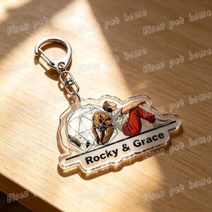 May include: Clear acrylic keychain with a silver metal clasp. The keychain features a graphic of a person and a dog inside a geometric shape, with the text "Rocky & Grace".