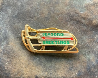 Vintage Seasons Greetings Sled Brooch Danecraft Goldtone