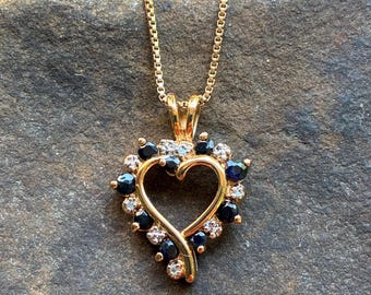 Vintage Sapphire Heart Pendant 18K Gold Over Sterling Silver 925 Diamond Accents