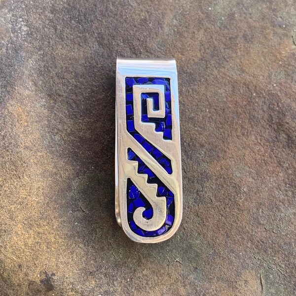 Vintage Sterling Silver Money Clip Blue Lapis Lazuli Inlay