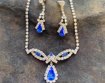 Vintage Blue Rhinestone Pendant & Earrings Jewelry Set