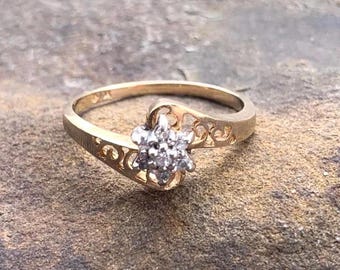 Vintage Diamond Cluster Flower Ring 10K Yellow Gold Bypass Open Scrollwork Brushed Gold