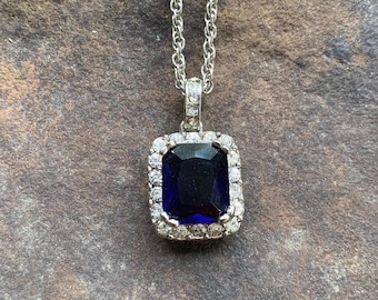 Vintage Synthetic Sapphire and Rhinestone Pendant Avon NR Silvertone