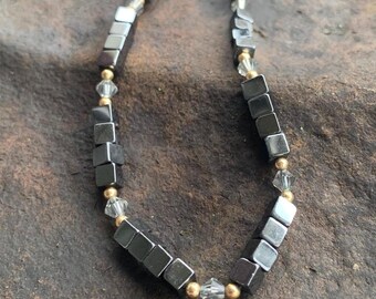Vintage Hematite and Swarovski Crystal Beaded Necklace