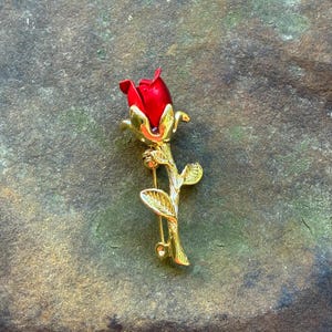 Può includere: Una spilla in metallo dorato a forma di rosa con un bocciolo in smalto rosso brillante. Il gambo presenta foglie dorate testurizzate e un piccolo campanello fissato vicino alla base del fiore. Il meccanismo della spilla è visibile sul retro.