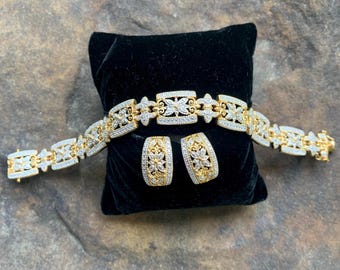 Vintage Sterling Silver Butterfly and Fleur de Lis Bracelet and Earrings Jewelry Set Gold Overlay Cubic Zirconia