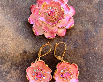 Vintage Joan Rivers Pink Floral Fantasy Jewelry Set, Enamel Rhinestone Brooch Earrings Trinket Box