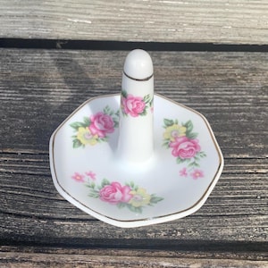 Vintage Porcelain Floral Ring Holder Pink Roses China