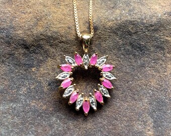 Vintage Ruby Heart Pendant 18K Gold over Sterling Silver 925 Diamond Accents