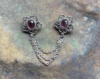 Vintage Sweater Clip Brooch Amethyst Rhinestones Silvertone