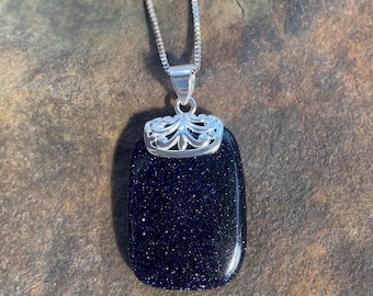 Vintage Blue Goldstone Sterling Silver Pendant 925