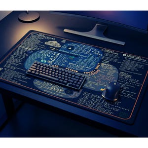 May include: A black rectangular mousepad with a dark blue and orange border. The mousepad features a programming cheat sheet design with text and diagrams. A black keyboard and mouse are on the pad.