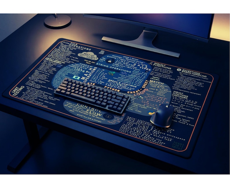 May include: A black rectangular mousepad with a dark blue and orange border. The mousepad features a programming cheat sheet design with text and diagrams. A black keyboard and mouse are on the pad.