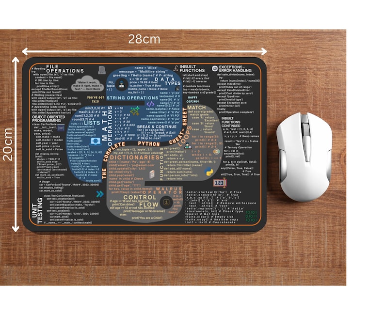 May include: A black rectangular mouse mat with a white mouse on a wooden surface. The mat features programming terms and code snippets. The mat is 28 cm wide and 20 cm tall.