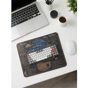 May include: A computer workspace with a laptop, a mechanical keyboard, and a mouse. A dark brown mousepad with white text and diagrams is under the keyboard. A cup of coffee and a small plant are on the white desk.